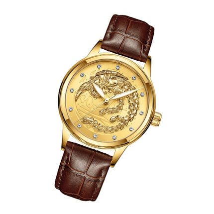 FNGEEN S666 Waterproof Luminous Non-Mechanical Watch Quartz Ultra-Thin Dragon Or Phoenix Pattern Couple Watch((Phoenix) Brown Leather All Gold )-garmade.com