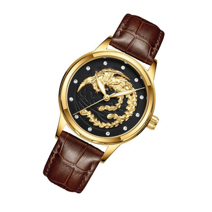 FNGEEN S666 Waterproof Luminous Non-Mechanical Watch Quartz Ultra-Thin Dragon Or Phoenix Pattern Couple Watch((Phoenix watch) Brown Leather Gold Black )-garmade.com