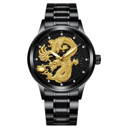 FNGEEN S666 Waterproof Luminous Non-Mechanical Watch Quartz Ultra-Thin Dragon Or Phoenix Pattern Couple Watch((Dragon) Black Steel Black Face)-garmade.com