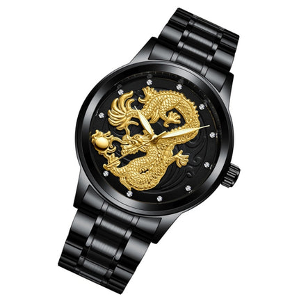 FNGEEN S666 Waterproof Luminous Non-Mechanical Watch Quartz Ultra-Thin Dragon Or Phoenix Pattern Couple Watch((Dragon) Black Steel Black Face)-garmade.com