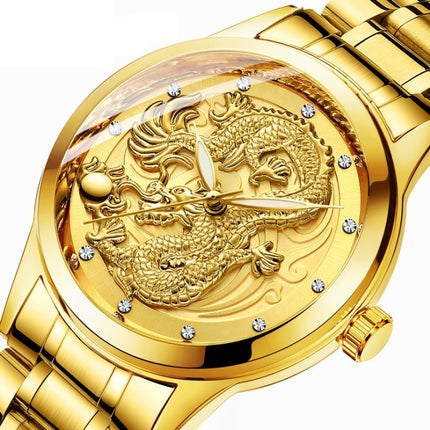 FNGEEN S666 Waterproof Luminous Non-Mechanical Watch Quartz Ultra-Thin Dragon Or Phoenix Pattern Couple Watch(Full Gold Black Surface)-garmade.com