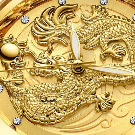 FNGEEN S666 Waterproof Luminous Non-Mechanical Watch Quartz Ultra-Thin Dragon Or Phoenix Pattern Couple Watch(Full Gold Black Surface)-garmade.com