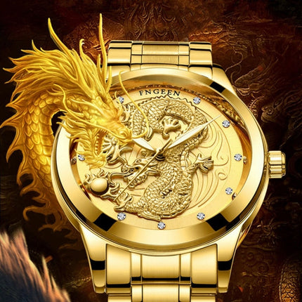 FNGEEN S666 Waterproof Luminous Non-Mechanical Watch Quartz Ultra-Thin Dragon Or Phoenix Pattern Couple Watch(Brown Leather Full Gold Golden Surface)-garmade.com