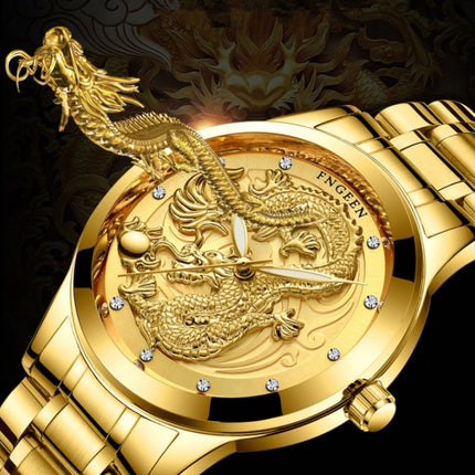 FNGEEN S666 Waterproof Luminous Non-Mechanical Watch Quartz Ultra-Thin Dragon Or Phoenix Pattern Couple Watch(Full Gold Black Surface)-garmade.com