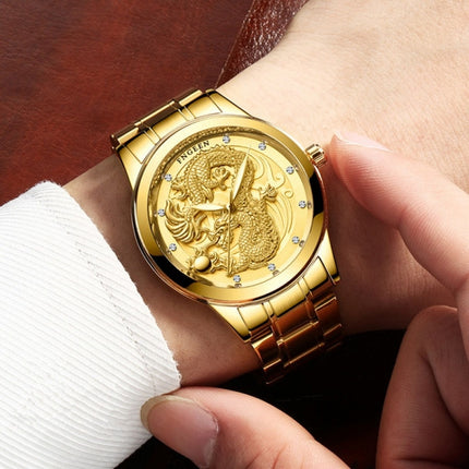 FNGEEN S666 Waterproof Luminous Non-Mechanical Watch Quartz Ultra-Thin Dragon Or Phoenix Pattern Couple Watch((Phoenix) Brown Leather Gold White )-garmade.com