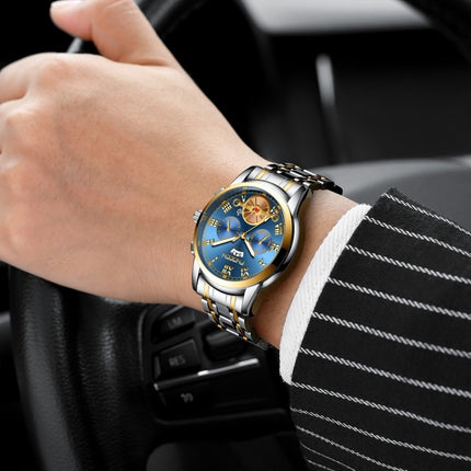 FNGEEN 4001 Men Non-Mechanical Watch Multi-Function Quartz Watch, Colour: Gold Blue Surface-garmade.com