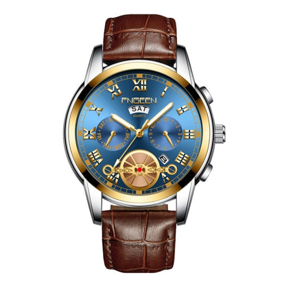 FNGEEN 4001 Men Non-Mechanical Watch Multi-Function Quartz Watch, Colour: Brown Leather Gold Blue Surface-garmade.com