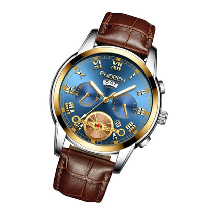 FNGEEN 4001 Men Non-Mechanical Watch Multi-Function Quartz Watch, Colour: Brown Leather Gold Blue Surface-garmade.com