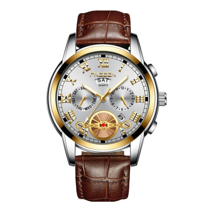 FNGEEN 4001 Men Non-Mechanical Watch Multi-Function Quartz Watch, Colour: Brown leather Gold White Surface-garmade.com