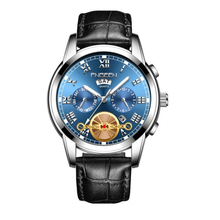 FNGEEN 4001 Men Non-Mechanical Watch Multi-Function Quartz Watch, Colour: Black Leather White Steel Blue Surface-garmade.com