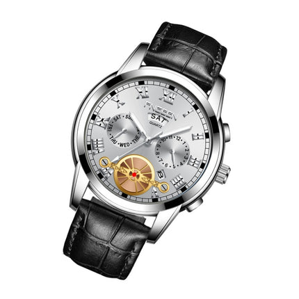 FNGEEN 4001 Men Non-Mechanical Watch Multi-Function Quartz Watch, Colour: Black Leather White Steel White Surface-garmade.com
