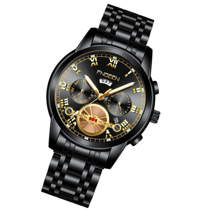 FNGEEN 4001 Men Non-Mechanical Watch Multi-Function Quartz Watch, Colour: Black Steel Black Surface Gold Nails-garmade.com