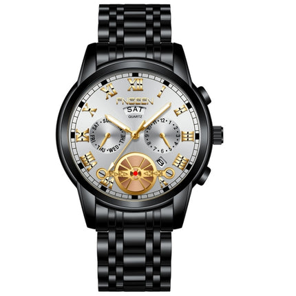 FNGEEN 4001 Men Non-Mechanical Watch Multi-Function Quartz Watch, Colour: Black Steel White Surface Gold Nails-garmade.com