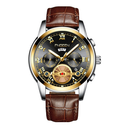FNGEEN 4001 Men Non-Mechanical Watch Multi-Function Quartz Watch, Colour: Brown Leather Gold Black Surface-garmade.com