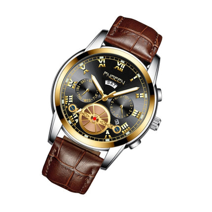 FNGEEN 4001 Men Non-Mechanical Watch Multi-Function Quartz Watch, Colour: Brown Leather Gold Black Surface-garmade.com