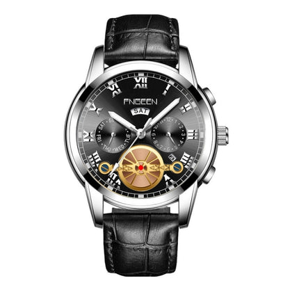 FNGEEN 4001 Men Non-Mechanical Watch Multi-Function Quartz Watch, Colour: Black leather White Steel Black Surface-garmade.com