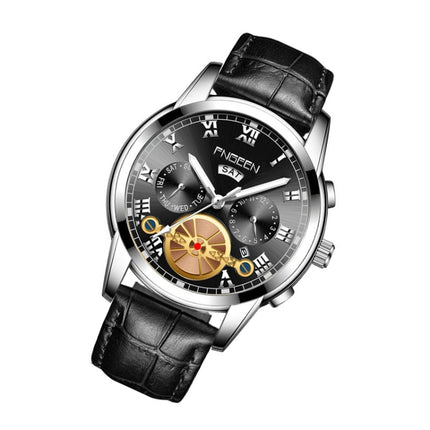 FNGEEN 4001 Men Non-Mechanical Watch Multi-Function Quartz Watch, Colour: Black leather White Steel Black Surface-garmade.com
