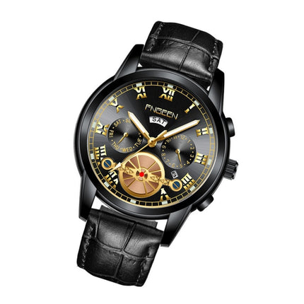 FNGEEN 4001 Men Non-Mechanical Watch Multi-Function Quartz Watch, Colour: Black Leather Black Steel Black Surface-garmade.com