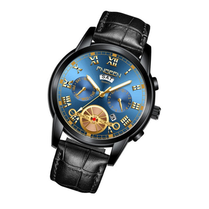 FNGEEN 4001 Men Non-Mechanical Watch Multi-Function Quartz Watch, Colour: Black Leather Black Steel Blue Surface-garmade.com
