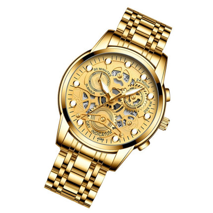 FNGEEN 4088 Men Hollow Quartz Watch Student Waterproof Luminous Watch(Full Gold Gold Surface)-garmade.com