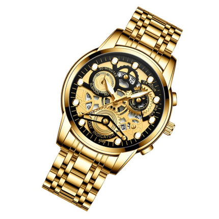 FNGEEN 4088 Men Hollow Quartz Watch Student Waterproof Luminous Watch(Full Gold Black Surface)-garmade.com
