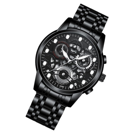 FNGEEN 4088 Men Hollow Quartz Watch Student Waterproof Luminous Watch(Black Steel Black Surface White Nails)-garmade.com