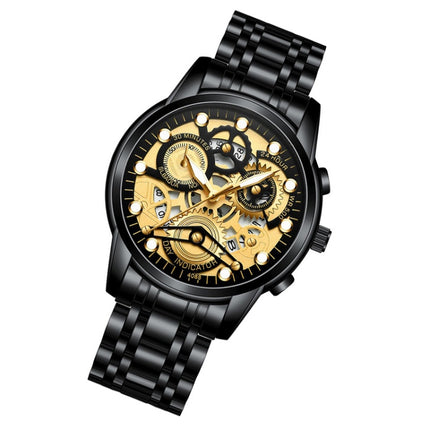 FNGEEN 4088 Men Hollow Quartz Watch Student Waterproof Luminous Watch(Black Steel Black Surface Gold Nails)-garmade.com