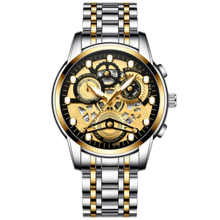 FNGEEN 4088 Men Hollow Quartz Watch Student Waterproof Luminous Watch(Gold Black Surface)-garmade.com