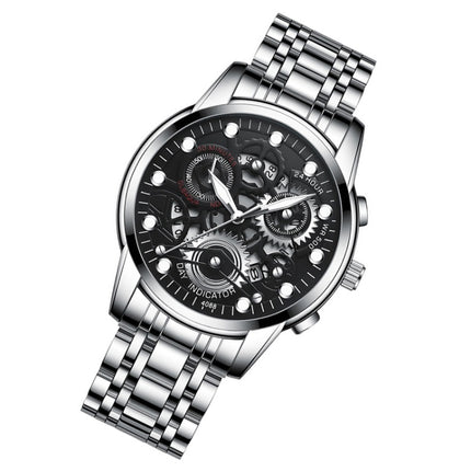 FNGEEN 4088 Men Hollow Quartz Watch Student Waterproof Luminous Watch(White Steel Black Surface)-garmade.com