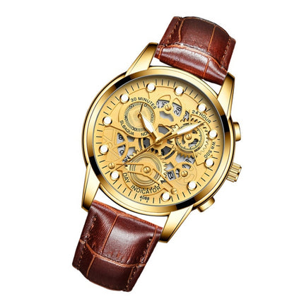 FNGEEN 4088 Men Hollow Quartz Watch Student Waterproof Luminous Watch(Brown Leather Full Golden Surface)-garmade.com