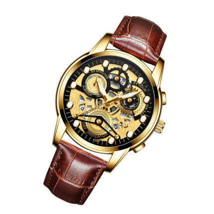 FNGEEN 4088 Men Hollow Quartz Watch Student Waterproof Luminous Watch(Brown Leather Full Gold Black Surface)-garmade.com