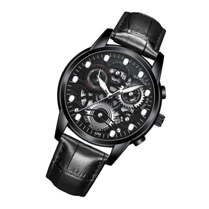 FNGEEN 4088 Men Hollow Quartz Watch Student Waterproof Luminous Watch(All Black Surface White Nails)-garmade.com