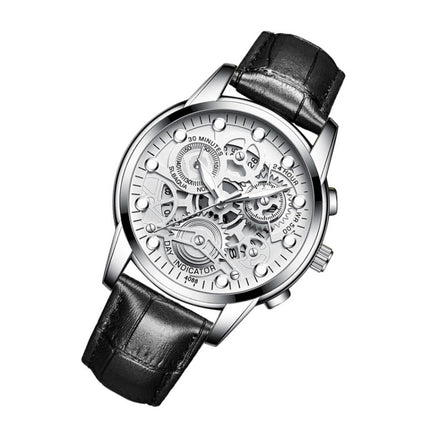 FNGEEN 4088 Men Hollow Quartz Watch Student Waterproof Luminous Watch(Black Leather White Steel White Flour)-garmade.com