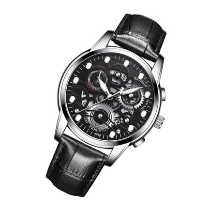 FNGEEN 4088 Men Hollow Quartz Watch Student Waterproof Luminous Watch(Black Leather White Steel Black Surface)-garmade.com