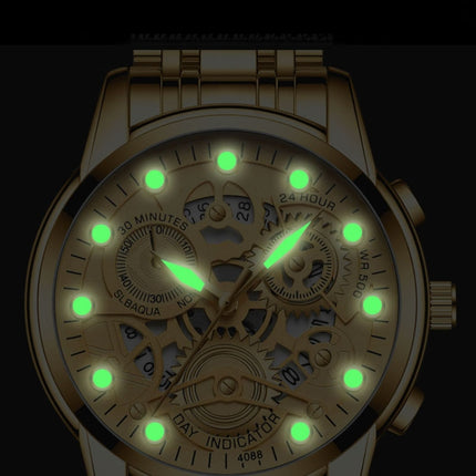 FNGEEN 4088 Men Hollow Quartz Watch Student Waterproof Luminous Watch(Brown Leather Gold Black Surface)-garmade.com