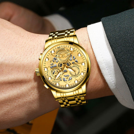 FNGEEN 4088 Men Hollow Quartz Watch Student Waterproof Luminous Watch(Brown Leather Gold Surface)-garmade.com