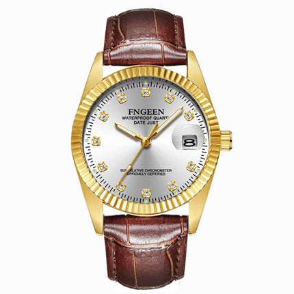FNGEEN 7008 Men Fashion Diamond Dial Watch Couple Watch(Brown Leather Full Gold White Surface)-garmade.com