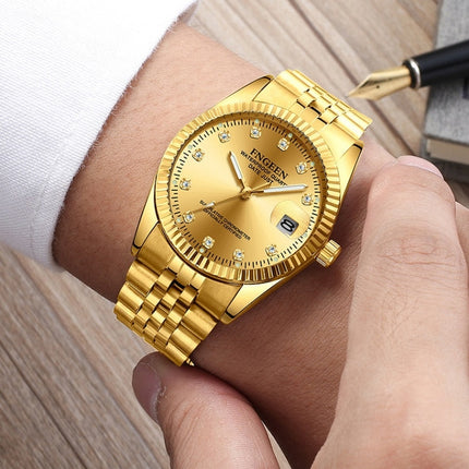 FNGEEN 7008 Men Fashion Diamond Dial Watch Couple Watch(Brown Leather Full Gold Surface)-garmade.com
