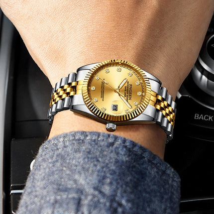 FNGEEN 7008 Men Fashion Diamond Dial Watch Couple Watch(Brown Leather Full Gold Black Surface)-garmade.com