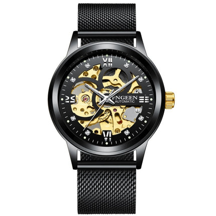 FNGEEN 6018 Men Automatic Mechanical Watch Waterproof Luminous Diamond Double-Sided Hollow Watch(Black Mesh Belt Black Surface)-garmade.com