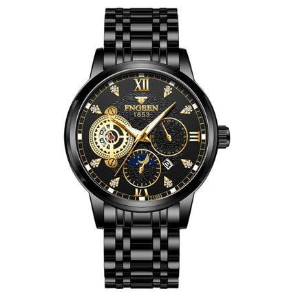 FNGEEN 2166 Men Three-eye Hollow Quartz Watch Student Sports Electronic Watch(Black Steel Black Surface Gold Nails)-garmade.com