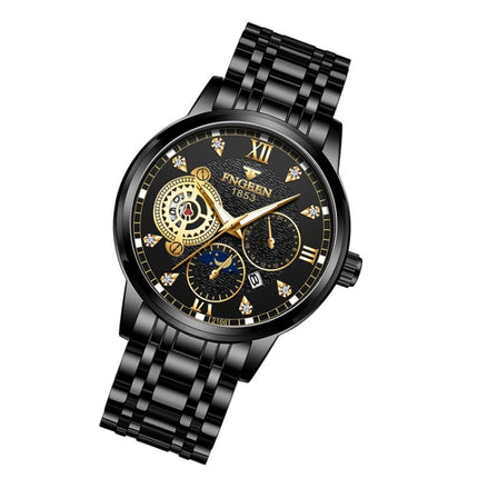 FNGEEN 2166 Men Three-eye Hollow Quartz Watch Student Sports Electronic Watch(Black Steel Black Surface Gold Nails)-garmade.com