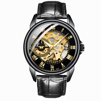 FNGEEN 0020 Men And Women Automatic Mechanical Watch Double-sided Hollow Business Watch(All Black Leather Golden Nails)-garmade.com