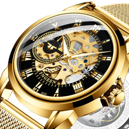 FNGEEN 0020 Men And Women Automatic Mechanical Watch Double-sided Hollow Business Watch(All Black Leather Golden Nails)-garmade.com