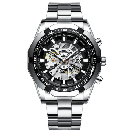 FNGEEN A001 Men Fashion Steel Band Hollow Watch Automatic Mechanical Watch(Black)-garmade.com