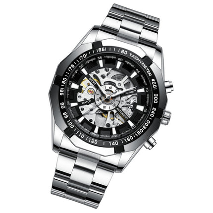 FNGEEN A001 Men Fashion Steel Band Hollow Watch Automatic Mechanical Watch(Black)-garmade.com