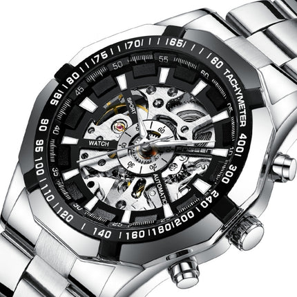 FNGEEN A001 Men Fashion Steel Band Hollow Watch Automatic Mechanical Watch(Black)-garmade.com