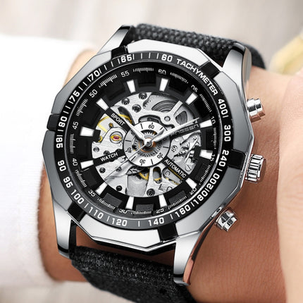 FNGEEN A001 Men Fashion Steel Band Hollow Watch Automatic Mechanical Watch(Black)-garmade.com