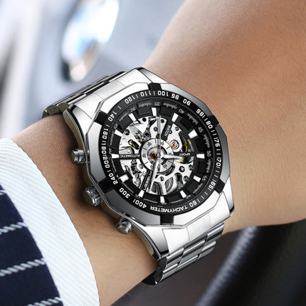 FNGEEN A001 Men Fashion Steel Band Hollow Watch Automatic Mechanical Watch(Black)-garmade.com