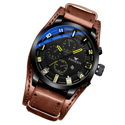 FNGEEN P1010 Men Fashion Large Dial Leather Belt Watch Student Casual Quartz Watch(Light Brown Leather With Yellow Words)-garmade.com